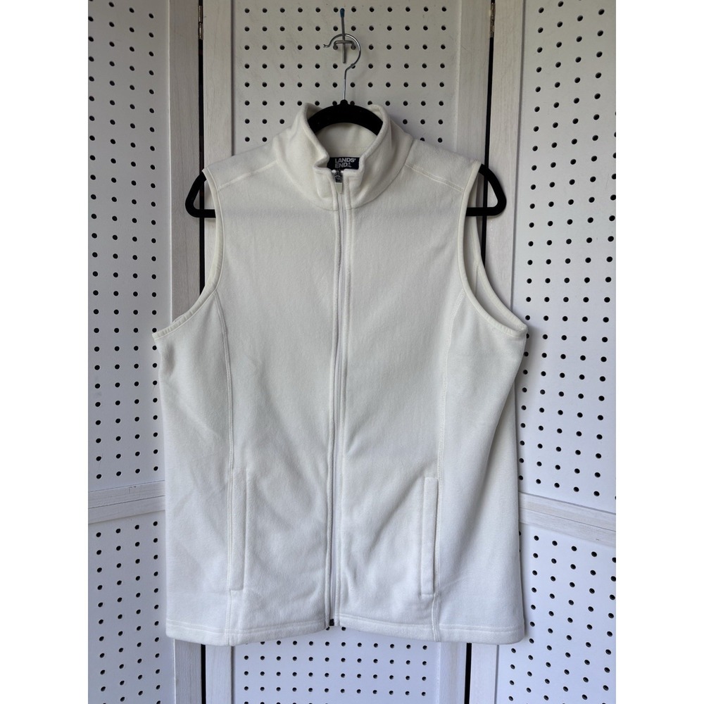 Lands' End Fleece Vest Women's M 10-12 Ivory Full Zip Sleeveless Preppy Layering